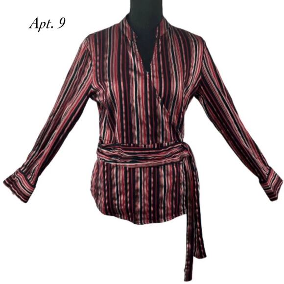 Apt. 9 Red Black Stripe V Neck Tie Waist Long Sleeve Faux Wrap Blouse Size M - Picture 1 of 8